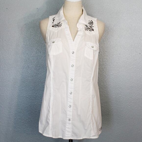 Guess Sleeveless Embellished Button Down Shirt Size L - Picture 1 of 10